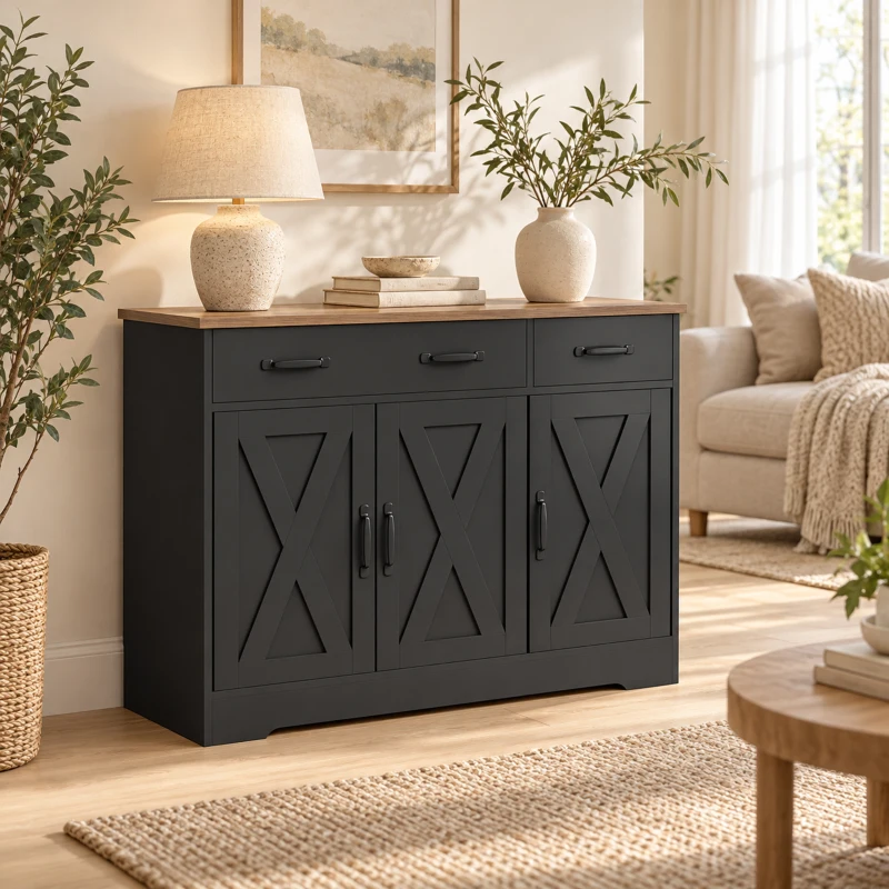 HOMCOM Buffet de cozinha, móvel de arrumação com 3 portas de celeiro, 2 gavetas e prateleiras ajustáveis, 108 x 40 x 81 cm, preto