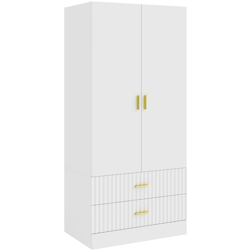 HOMCOM Guarda-roupa para Quarto com 2 Portas, 2 Gavetas Caneladas e Barra de Suspensão, 78 x 50 x 170 cm, Branco