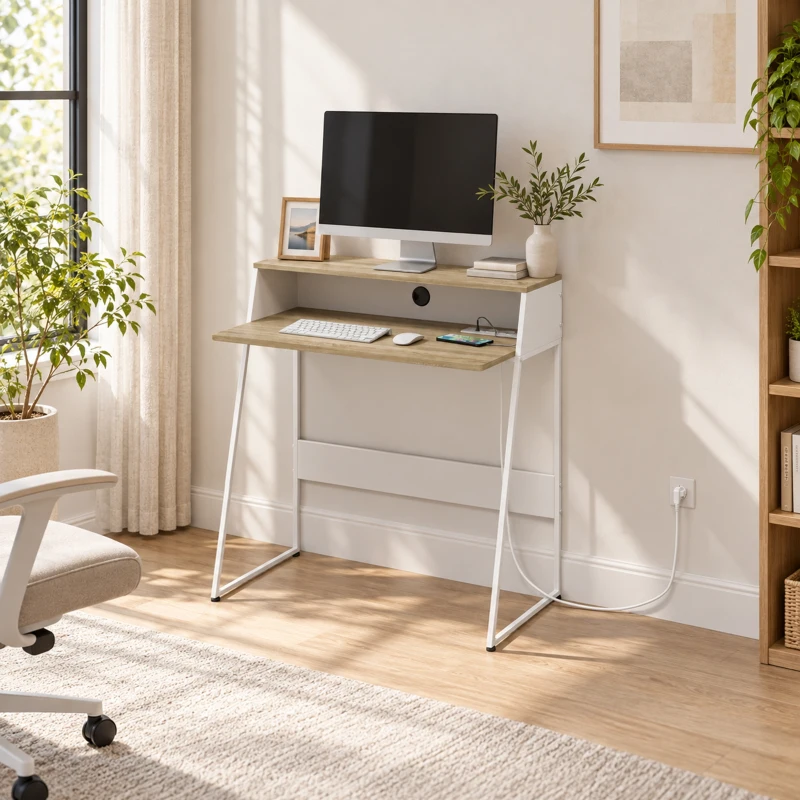 HOMCOM Secretária de Computador, 90 x 50 cm, Secretária com Arrumação, Prateleira Aberta e Estrutura em Aço, Carvalho e Branco