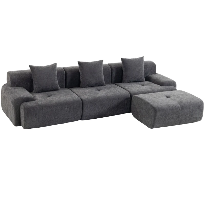 HOMCOM Canapea de colț modulară 3 locuri cu ottoman din chenilă, canapea comprimată 300 cm cu șezut adânc, 3 perne, gri