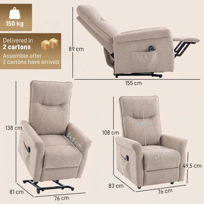 HOMCOM Fauteuil Relax Inclinable Électrique Releve‑personnes 155° de Chenille avec Télécommande Assise à Ressorts Repose‑pieds Marron