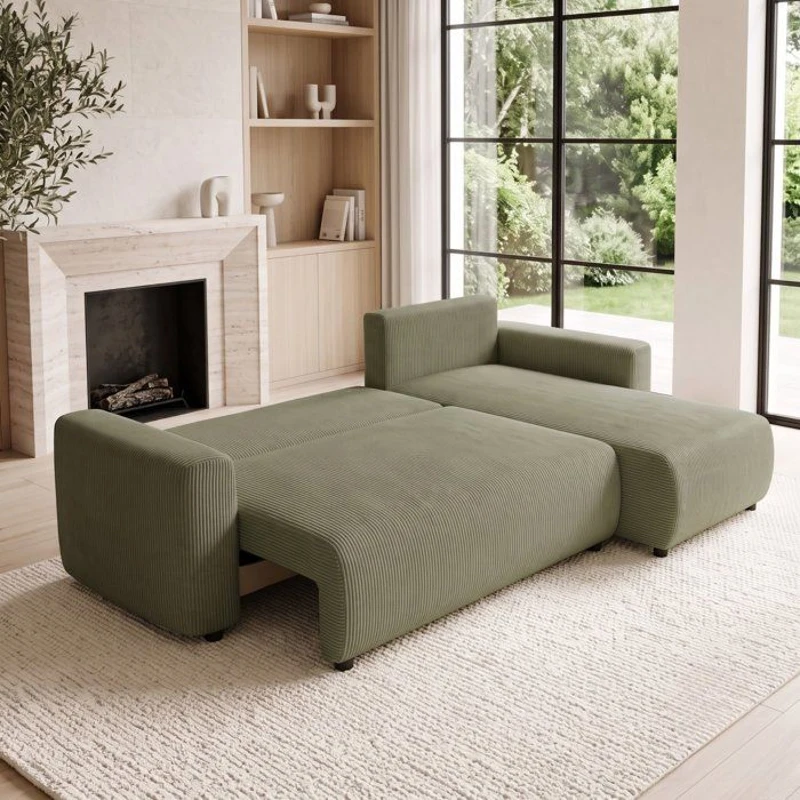 Canapé d'angle convertible réversible - 3 a 4 places - PHARELL 2 - velours côtelé - kaki - coffre de rangement - L233 x P159 x H89 c