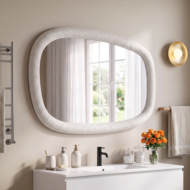 HOMCOM Espelho de Parede Irregular 60 cm, Espelho de Banheiro com Vidro Temperado e Moldura com Efeito Pedra, Branco