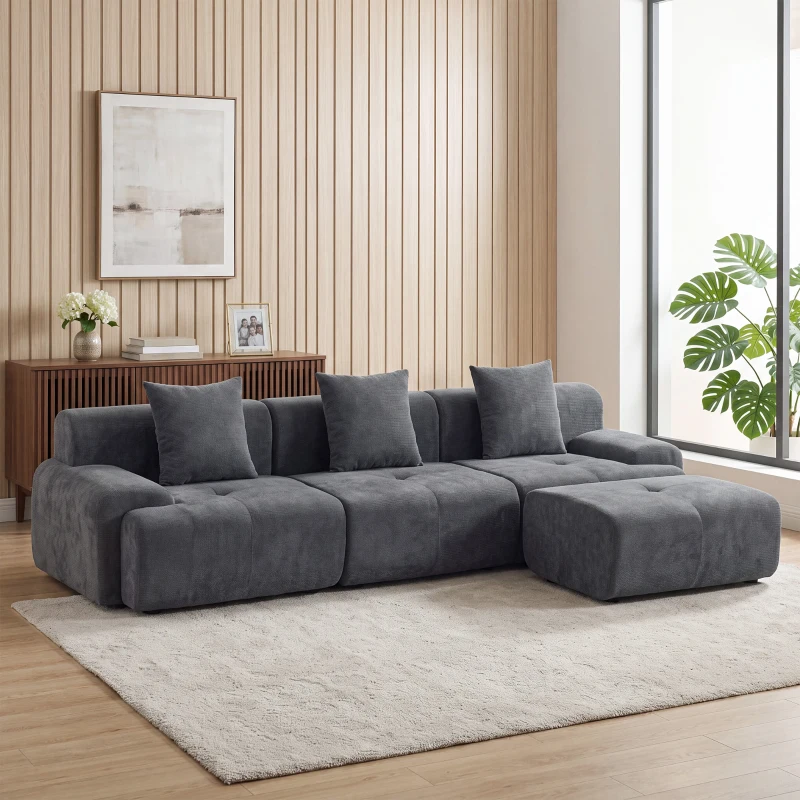 HOMCOM Modulares Ecksofa 3-Sitzer mit Ottomane aus Chenille, komprimiertes 300 cm Sofa mit tiefer Sitzfläche, 3 Kissen, Grau