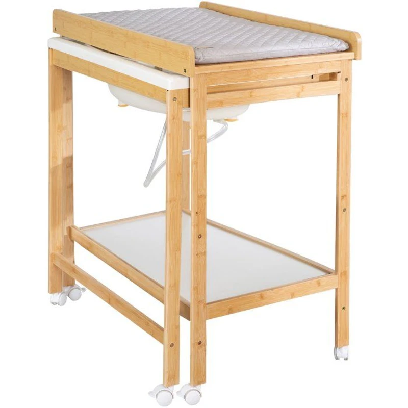 Table a langer avec baignoire coulissante - ROBA - Inclus matelas déperlant Roba style Gris - Tablette de rangement - Bambou naturel