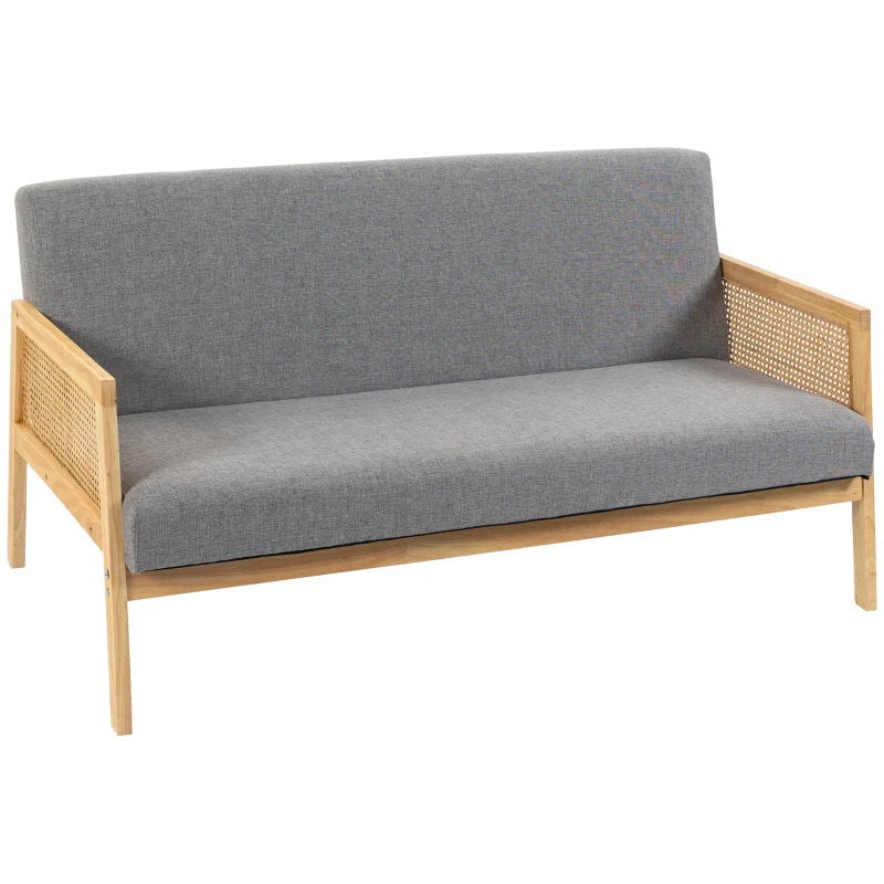 HOMCOM Canapé 3 places revêtu aspect lin avec détails en rotin synthétique structure en bois charge 330 kg 149x77x77 cm gris