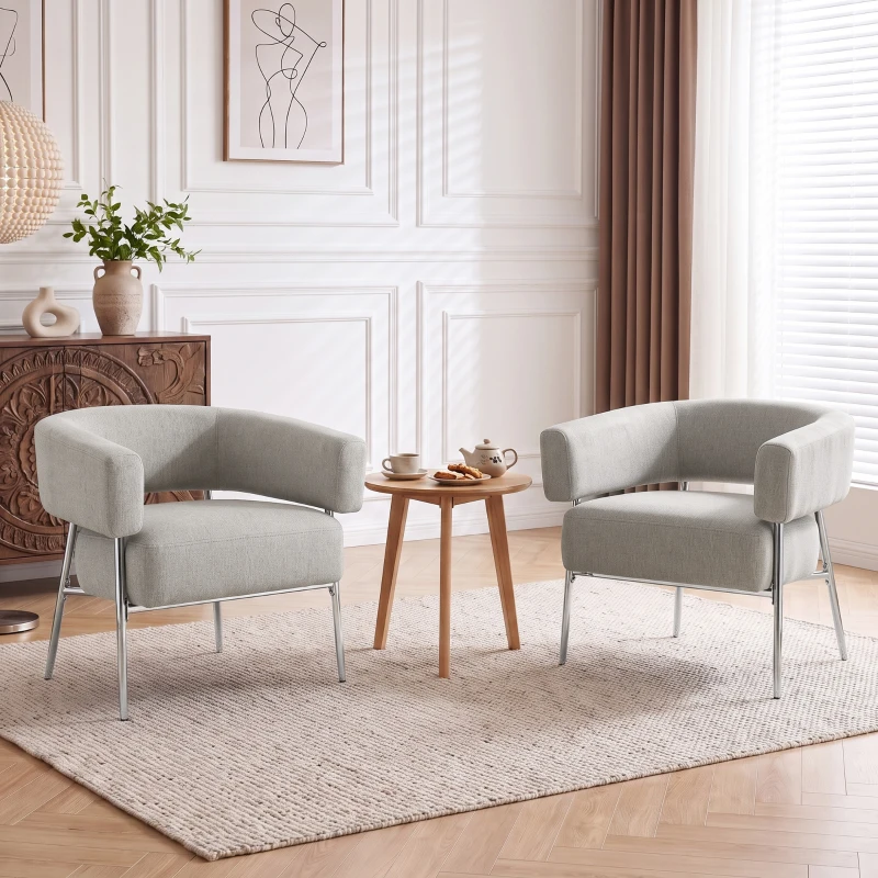 HOMCOM Sillón de salón, Sillón auxiliar acolchado en tejido aspecto lino, Respaldo curvado y reposabrazos, Estilo moderno, Marrón