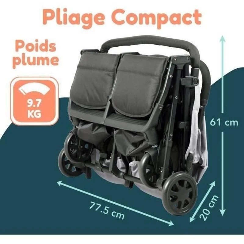 Bambisol - DS209 GRIS NOIR - Poussette Double Cote a Cote | Pour Jumeaux des la Naissance, Pliage Ultra-Compact | Noir Gris