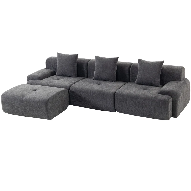 HOMCOM Sofá Esquinero Modular 3 Plazas con Puf de Chenilla, Sofá Comprimido 300 cm con Asiento Profundo, 3 Cojines, Gris