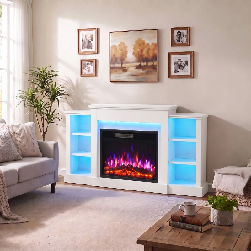 HOMCOM Șemineu Electric Comodă TV pentru televizoare de până la 165 cm cu 6 rafturi Efect flacără 3D 12 culori Bandă LED RGB Alb