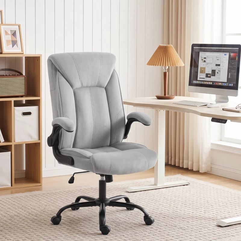 HOMCOM Cadeira de Escritório Ergonômica em Tecido Flanela, Altura Ajustável, Balanço, Apoios de Braços Eleváveis, 66x77x122cm, Cinza Claro
