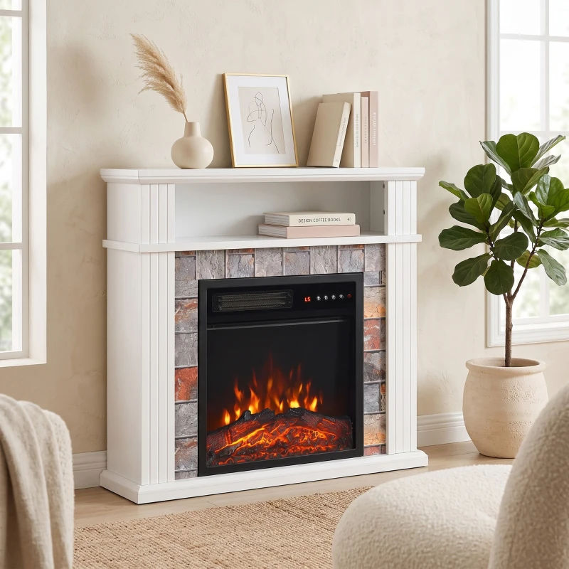 HOMCOM Șemineu Electric Decorativ 1800W cu Poliță, Efect Flăcări 5 Niveluri, Termostat, Temporizator, Telecomandă, Alb
