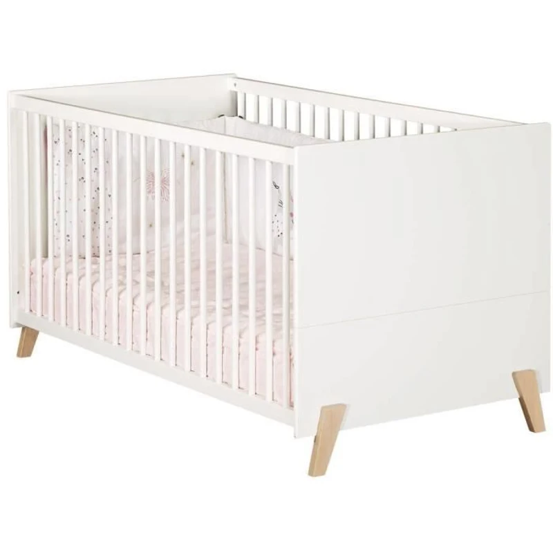 Lit évolutif - 140x70cm - Babyprice Joy Naturel - Blanc sur pieds en bois naturel