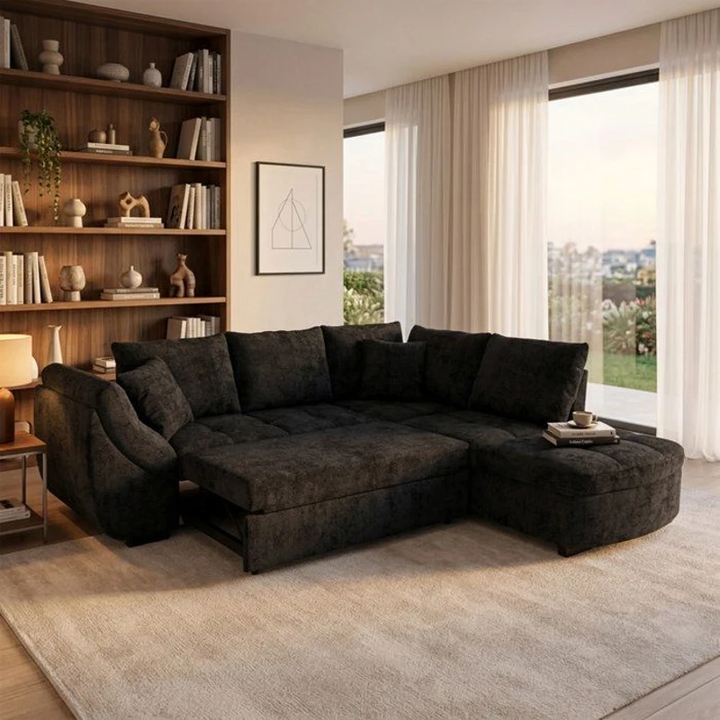 Canapé d'angle convertible réversible - 4 a 5 places - CALVIN - Tissu chenille Noir - Coffre - 257 x 214 x 88 cm
