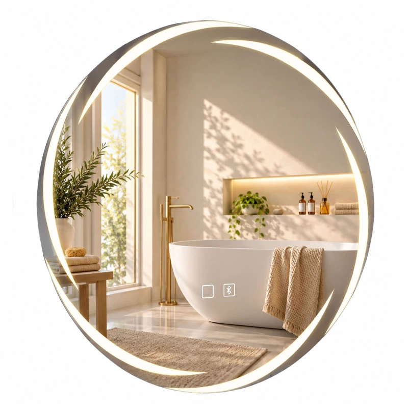 HOMCOM Oglindă de baie rotundă Ø60 cm cu LED, iluminare frontală & de fundal, anti-aburire, difuzor Bluetooth, reglabilă