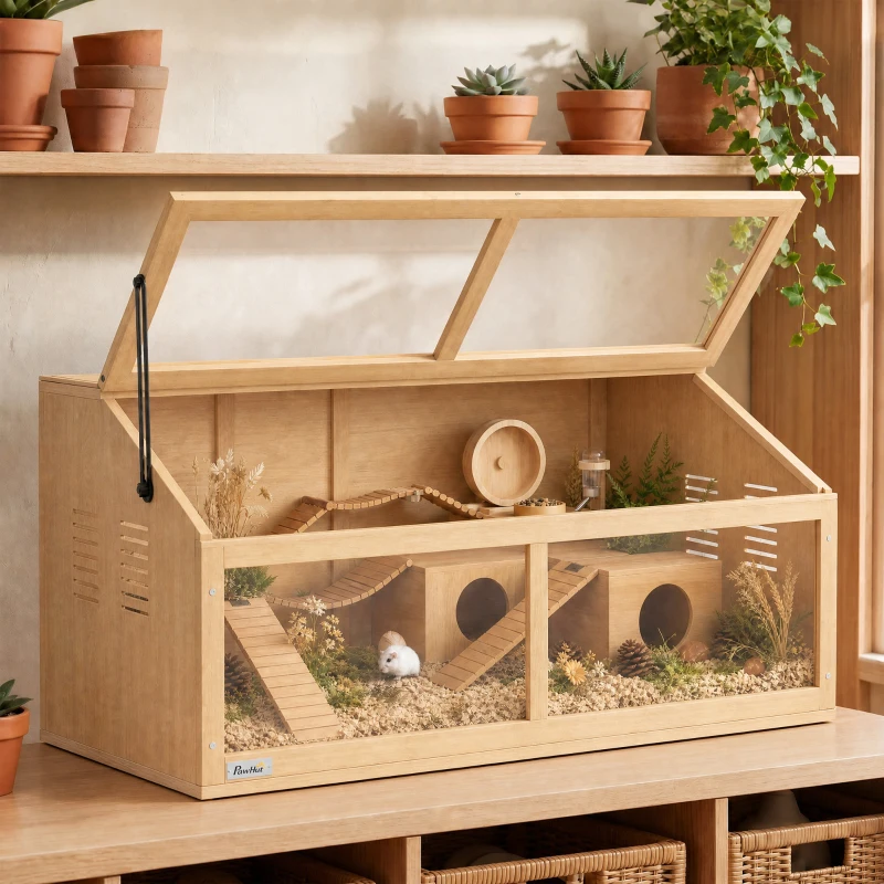 PawHut Cage pour hamster en bois 100 x 52 x 50 cm Grande cage pour rongeurs avec rangement, toit rabattable, fenêtre en acrylique, ouverture de ventilation, plateforme