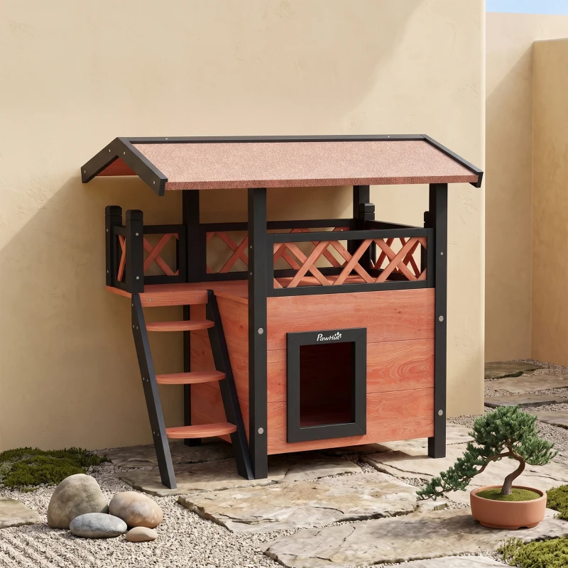 PawHut Cabana para Gato Exterior com Terraço, Escada, Telhado, Casota Villa, 77 x 50 x 73 cm Castanho e Vermelho