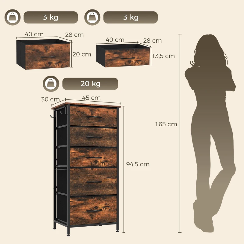 HOMCOM Cómoda 5 cajones de tela plegables, cómoda para dormitorio de adulto con bolsillos laterales y 2 ganchos, marrón rústico