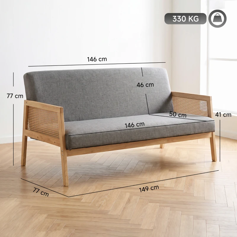 HOMCOM Canapé 3 places revêtu aspect lin avec détails en rotin synthétique structure en bois charge 330 kg 149x77x77 cm gris