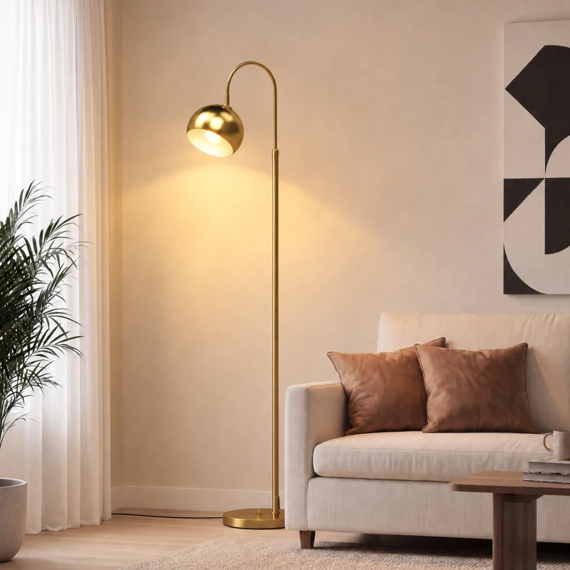 HOMCOM Candeeiro de Pé para Sala, Lâmpada de Pé Moderna 40W, Soquete E27, Altura Ajustável, Cúpula Orientável, Dourado