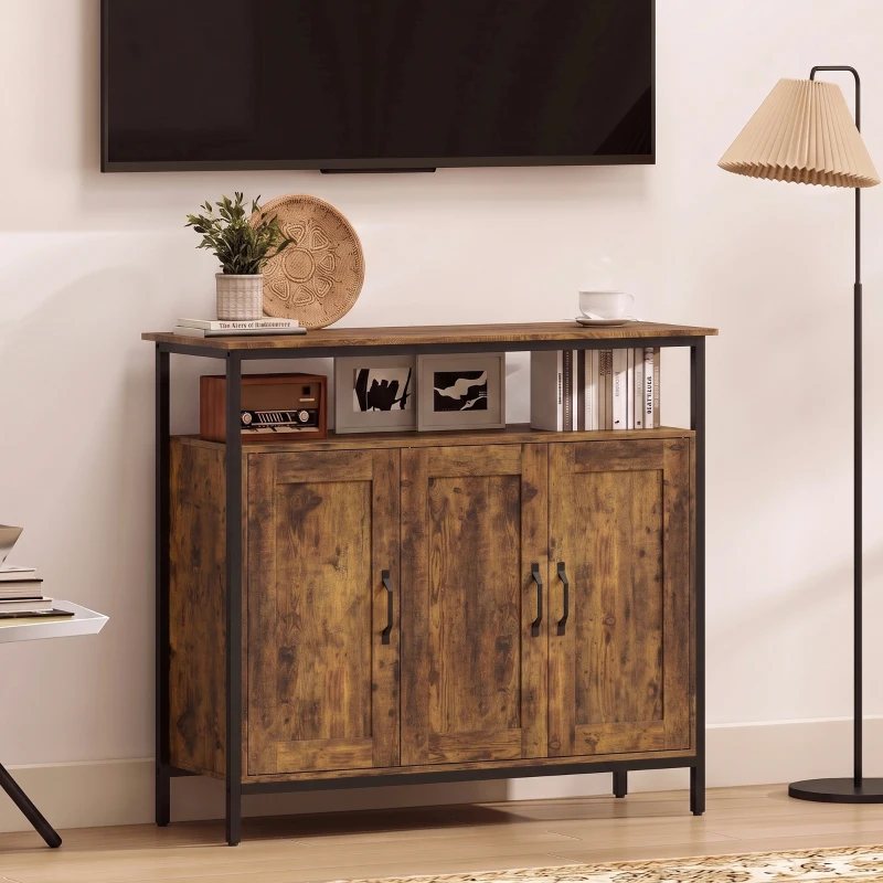 HOMCOM Küchenschrank mit offenem Fach und 2 Schränken, aus Holz und Stahl, 100x35x88 cm, Rustikales Braun