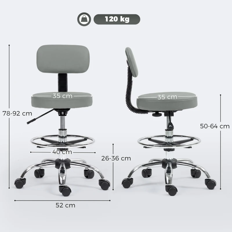 HOMCOM Silla Giratoria de Altura Ajustable con Reposapiés, en Acero, Piel Sintética y Espuma, 52x52x78-92 cm, Gris Claro