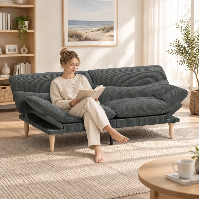 HOMCOM Sofá Conversível 2 Lugares 3 em 1, Sofá-Cama Clic-Clac em Veludo Cotelê 193 cm, Encosto e Apoios de Braço Reguláveis, Cinza
