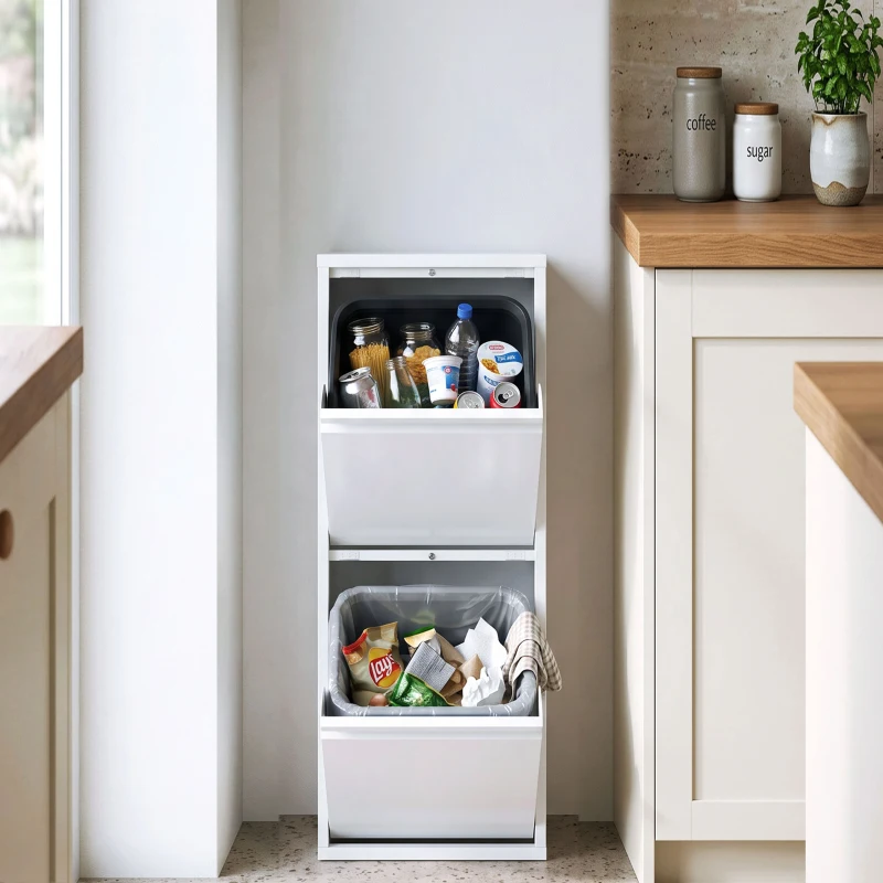 HOMCOM Móvel Lixeira de Triagem, Lixeira de Reciclagem 30 L (2 x 15 L) com 2 Compartimentos, Fecho Suave, Branco