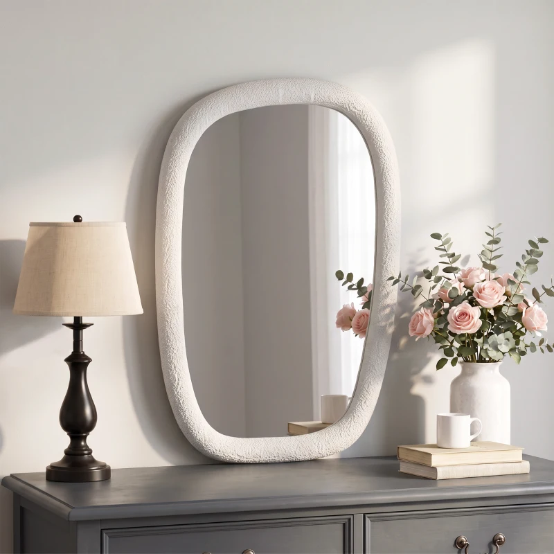 HOMCOM Espelho de Parede Irregular 60 cm, Espelho de Banheiro com Vidro Temperado e Moldura com Efeito Pedra, Branco