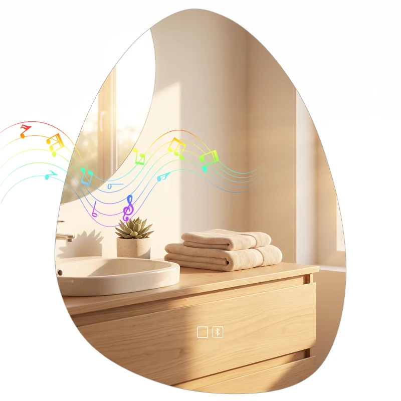 HOMCOM Espelho de Casa de Banho Bluetooth com Iluminação LED 60x80cm, Forma de Seixo, Dimerizável 3 Cores, Anti-Embaçamento, Memória, Prateado