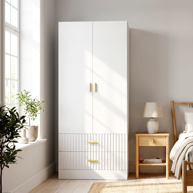 HOMCOM Guarda-roupa para Quarto com 2 Portas, 2 Gavetas Caneladas e Barra de Suspensão, 78 x 50 x 170 cm, Branco
