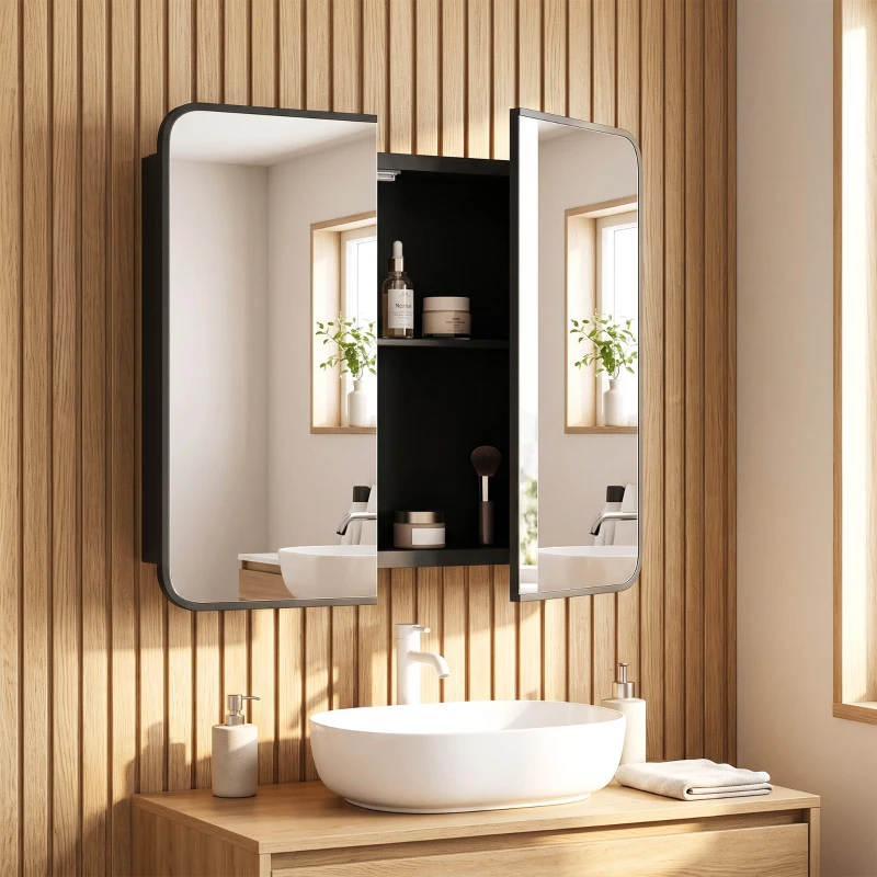 HOMCOM Armario con espejo de baño montado en pared, armario de baño con puerta magnética en negro