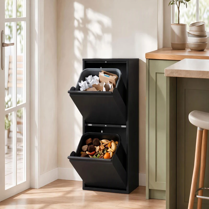 HOMCOM Poubelle de tri à abattant 2x15L, 2 compartiments, seaux intérieurs amovibles, fermeture amortie, Noir
