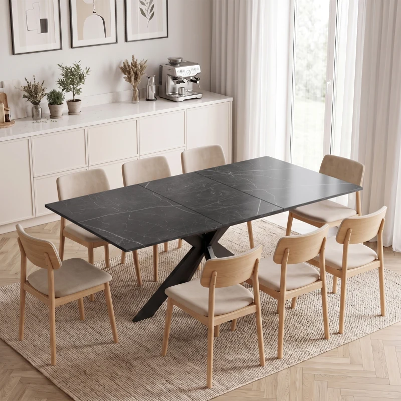 HOMCOM Mesa de Jantar Extensível para 4 a 8 Pessoas, 120-160 cm, Tampo com Efeito Mármore, Pés Cruzados em Aço, Preto