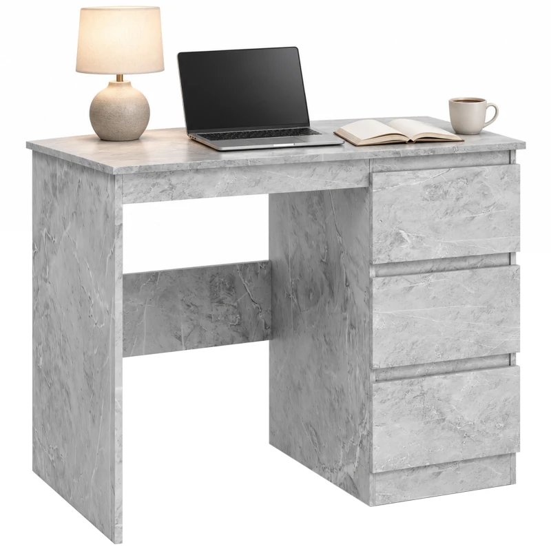 HOMCOM Büroschreibtisch mit 3 Schubladen 100x50 cm, platzsparender Schreibtisch für Studium Zuhause Büro, Grau Marmoroptik