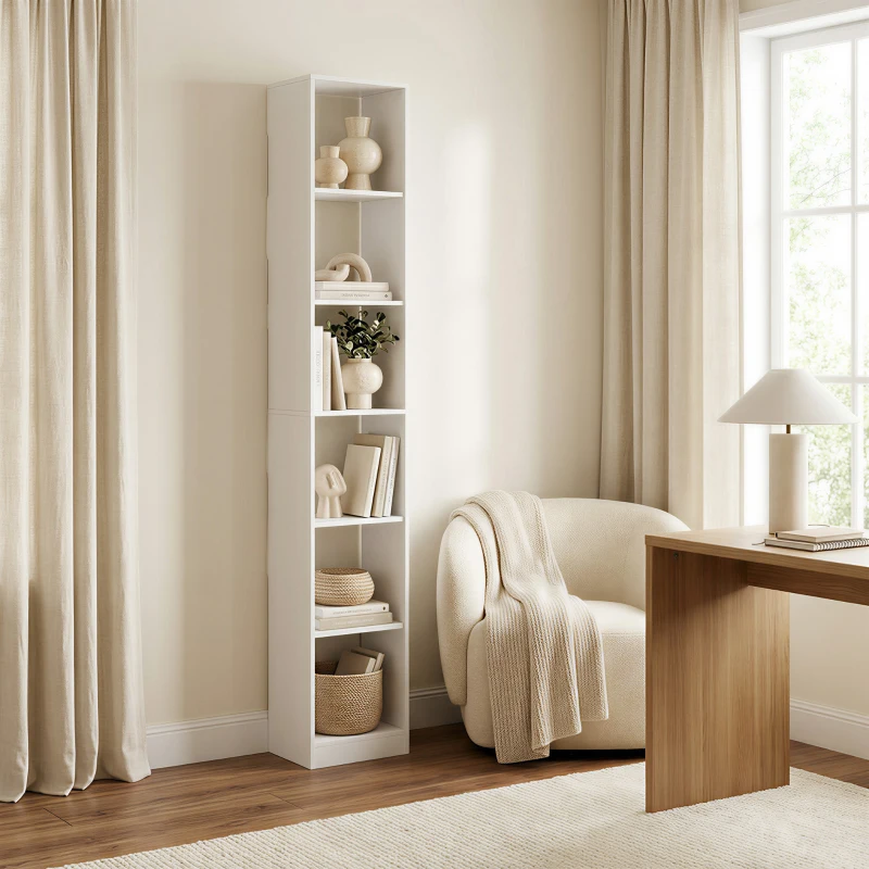 HOMCOM Estante Vertical de 6 Prateleiras para Sala Escritório Quarto, 29.5x23.5x184 cm, Efeito Madeira Branca