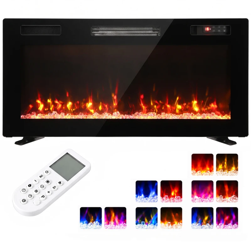 HOMCOM Șemineu Electric Ultrasubțire 900/1800W Încastrat/Agățat/Pe picior 12 Culori Flacără 3D Telecomandă până la 35㎡ Negru