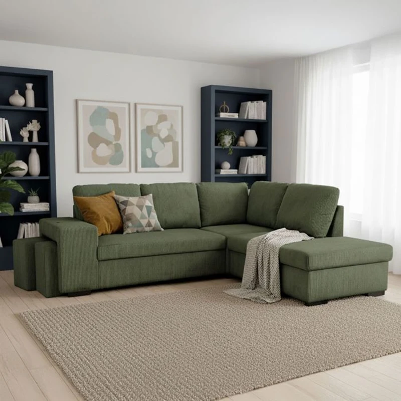 Canapé d'angle convertible réversible - 4/5 places - MITCHELL - Tissu velours côtelé Kaki - Coffre, Poufs - 247 x 205 x 91 cm