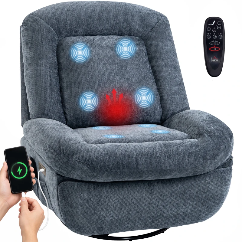 HOMCOM Fauteuil Relax Réclinable Électrique avec Chauffage Lombaire Massage Pivotant et Bascule Repose-pieds Assise Extra-large Port USB Bleu