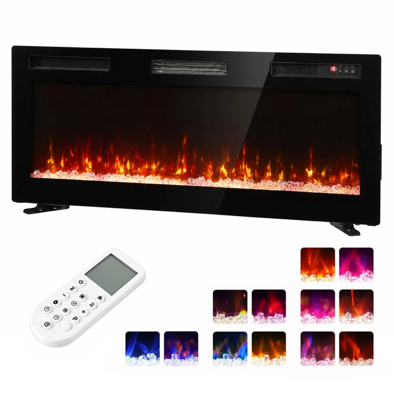 HOMCOM 102 cm Lareira Elétrica Embutida/ Parede/Chão Ultrafina 8.3 cm com Telecomando, 900/1800W, Temporizador, 35㎡ Preto