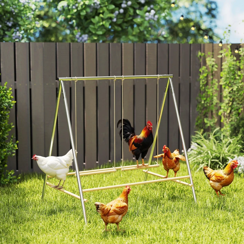 PawHut Estructura de juego para gallinas en acero y pino, parque para gallinas con perchas, 2 columpios para 4-6 gallinas