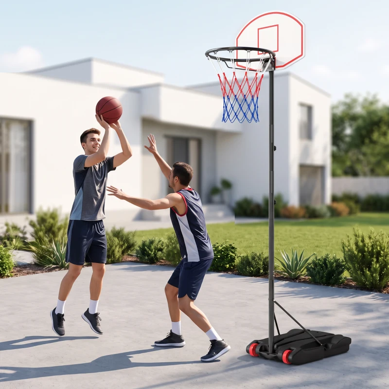 SPORTNOW Outdoor-Basketballkorb und Darts 2-in-1, höhenverstellbar 210-247 cm, mobil, Rollen, befüllbare Basis, schwarz