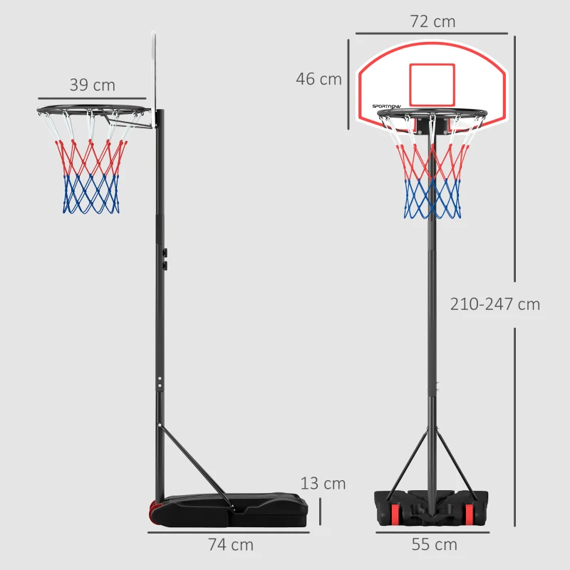 SPORTNOW Outdoor-Basketballkorb und Darts 2-in-1, höhenverstellbar 210-247 cm, mobil, Rollen, befüllbare Basis, schwarz