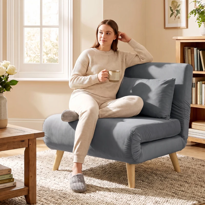 HOMCOM Poltrona 3 em 1, poltrona dobrável com função de cama, encosto Click-Clack ajustável, Cinza
