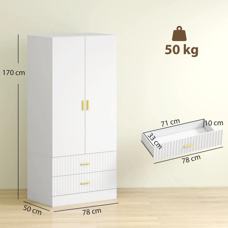 HOMCOM Guarda-roupa para Quarto com 2 Portas, 2 Gavetas Caneladas e Barra de Suspensão, 78 x 50 x 170 cm, Branco