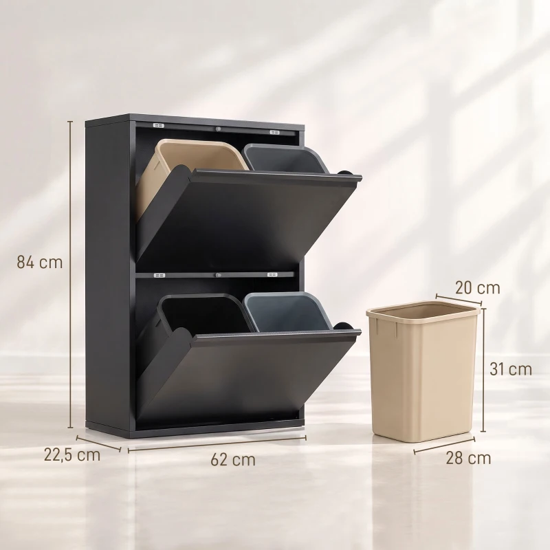 HOMCOM Meuble poubelle 60 L à compartiments basculants, poubelle de recyclage 4 voies, étroit, fermeture amortie, seaux intérieurs amovibles, Noir