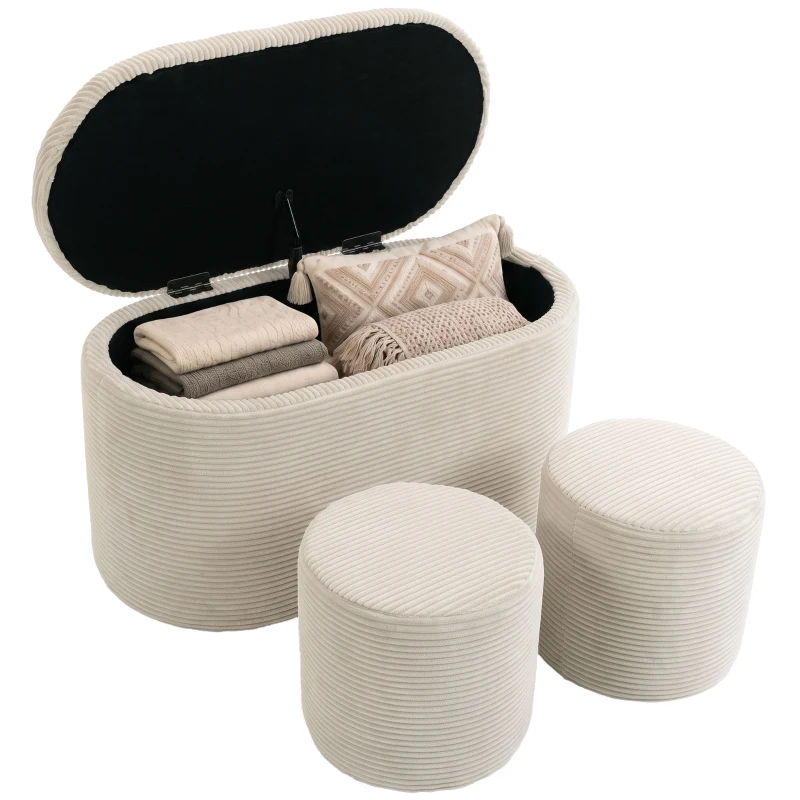HOMCOM Bancă de depozitare din catifea taburet-cofret de depozitare tip nesting 3 în 1 cu 2 taburete mici integrate 82x43x44cm bej