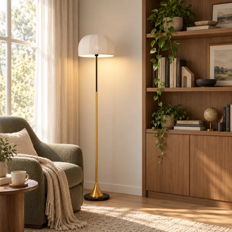 HOMCOM Candeeiro de Pé para Sala 40W com Abat-jour em Forma de Cúpula, Interruptor de Pé, 158 cm, Dourado e Branco