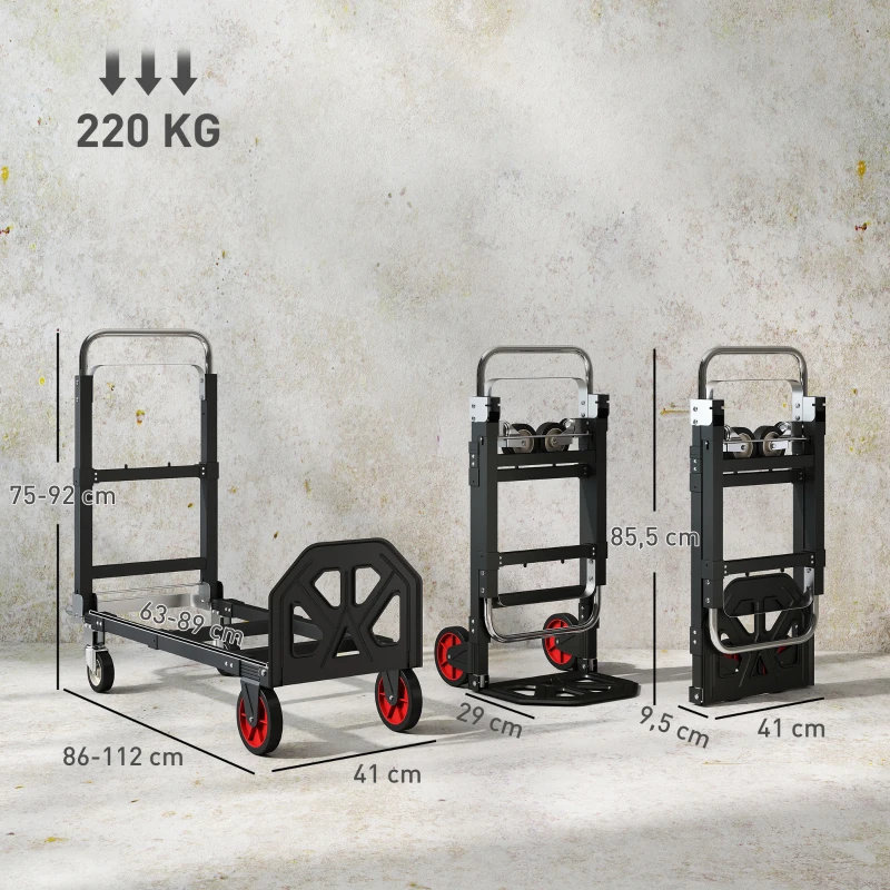 HOMCOM Carrinho Dobrável 2 em 1 Extensível 220KG Dobra Plana Carrinho Plataforma Aço Alça Regulável Rodas 360° 112x41x92cm Preto