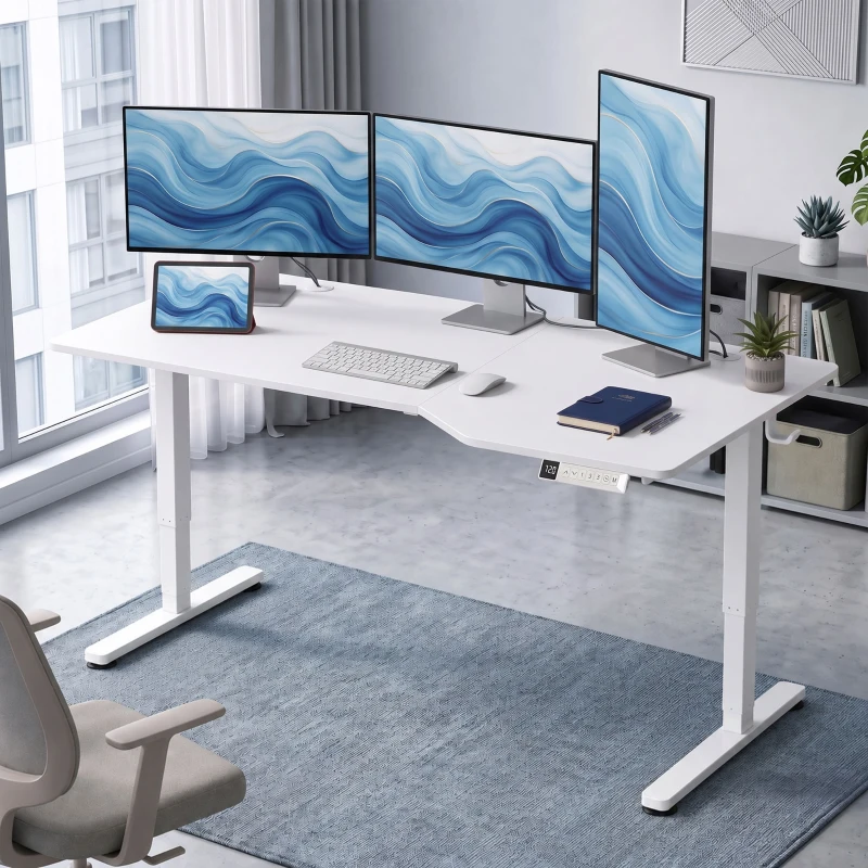HOMCOM Secretária Elétrica Sentar e Levantar 140 x 80 cm, Secretária de Canto com Ecrã LCD, Altura Ajustável, 3 Memórias, Branco